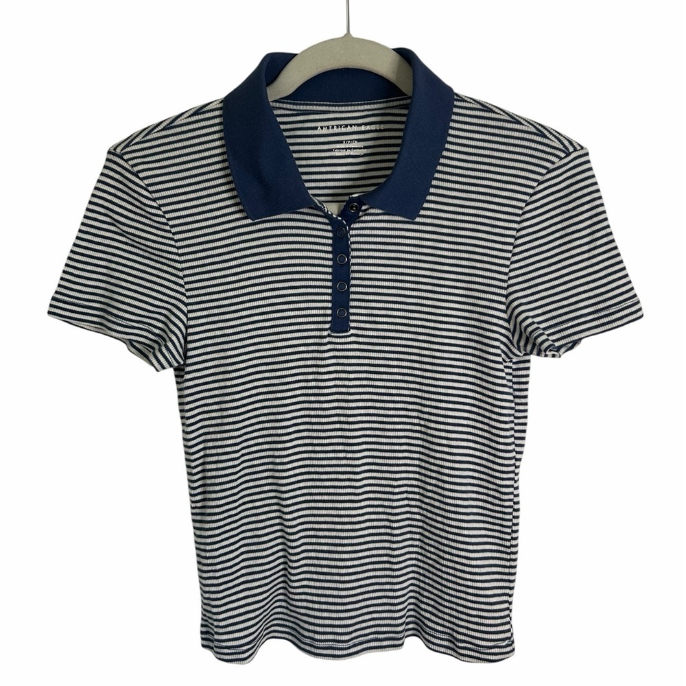 American Eagle Blue & White Striped Cropped Polo Preppy Women’s Sz Small NWOT